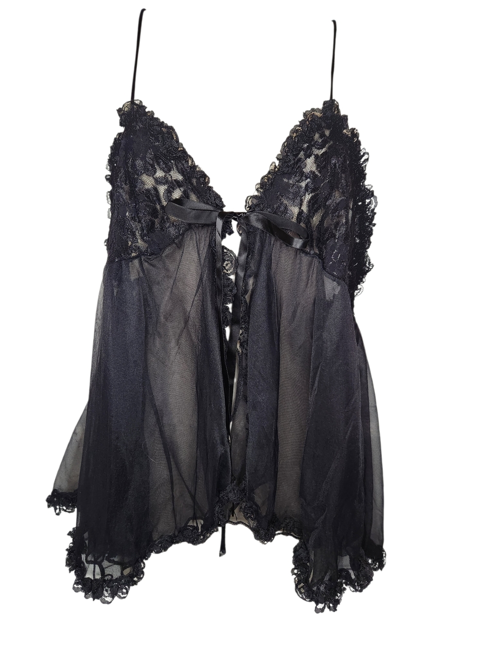 Vintage Alana Gale Intimates Sheer Black Lace Babydoll Open Front Large